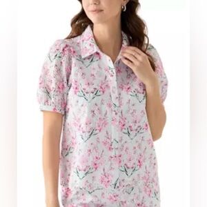 Crown & Ivy White and Pink Puff Sleeve Button-up Top | Eyelet detail | NWT